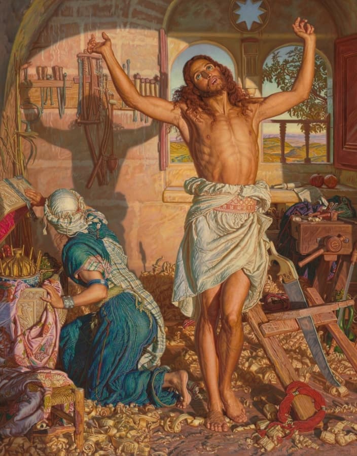 Pre-Raphaelite painting of Christ and the Virgin Mary.